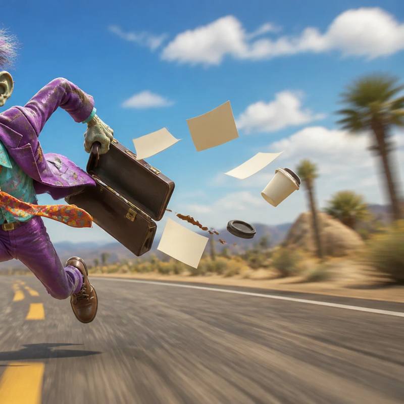 Illustration of a zombie mascot running full-speed down a highway, briefcase flung open and papers scattering behind it as a coffee cup tumbles through the air.