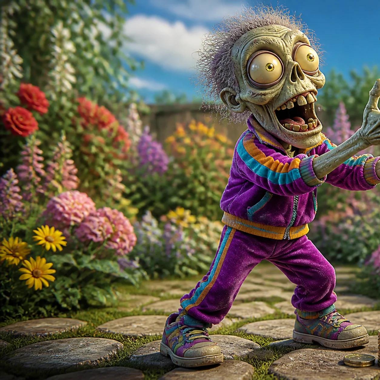 Illustration of a zombie mascot standing in a blooming summer garden, catching a giant snowflake in its hands, with a wilting ice cream cone, a thermometer, coins, and a ledger nearby.