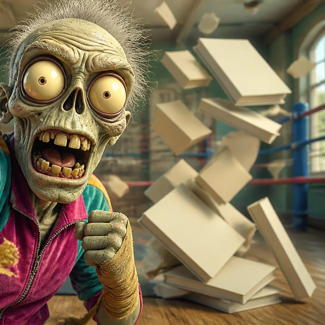 A cartoon zombie mascot throws a forward punch toward the camera, mid-stride, while a pile of notebooks and instructional books tips over behind it, symbolizing action over endless preparation.