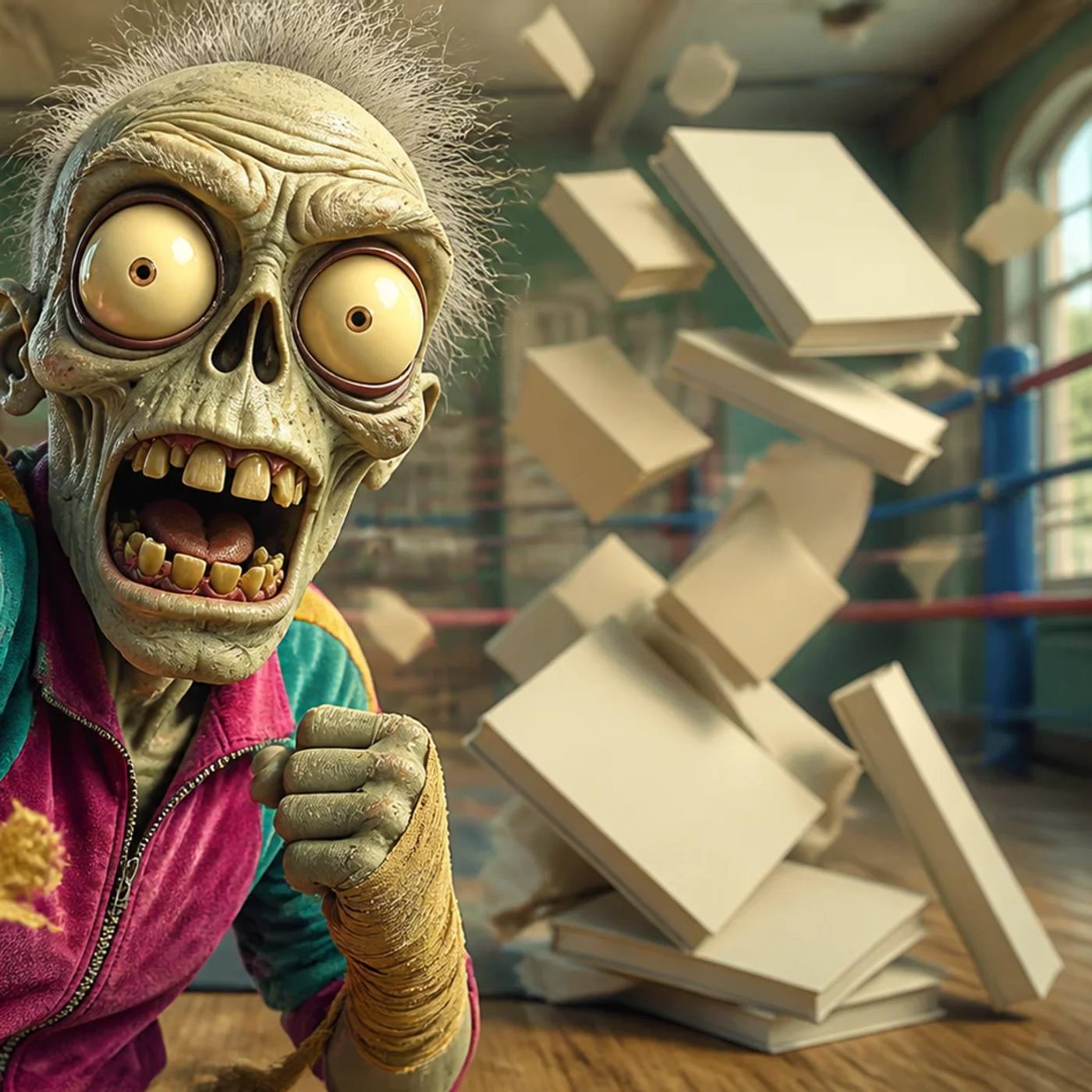 A cartoon zombie mascot throws a forward punch toward the camera, mid-stride, while a pile of notebooks and instructional books tips over behind it, symbolizing action over endless preparation.