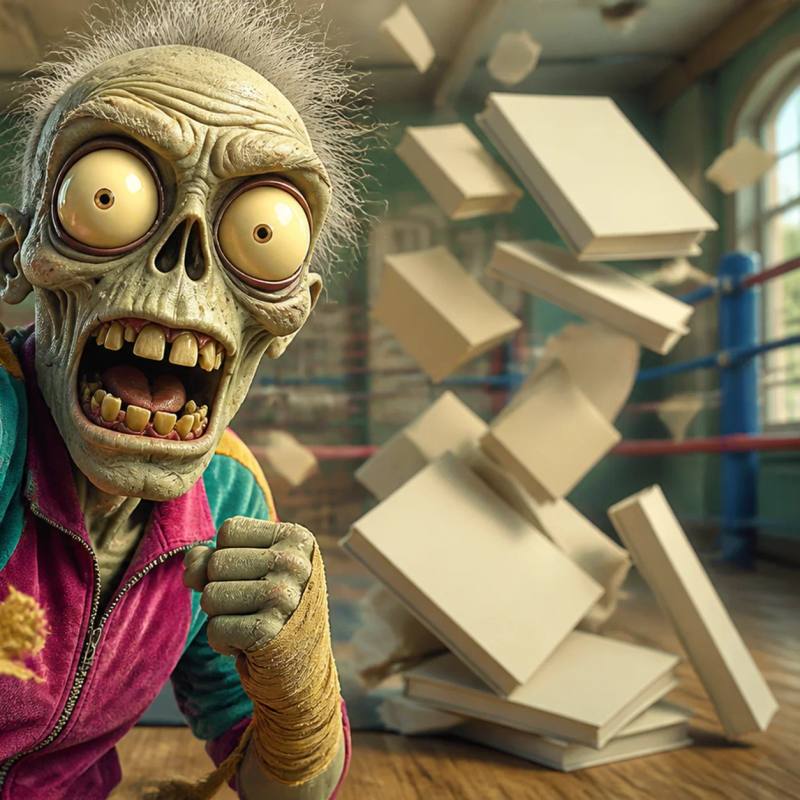 A cartoon zombie mascot throws a forward punch toward the camera, mid-stride, while a pile of notebooks and instructional books tips over behind it, symbolizing action over endless preparation.