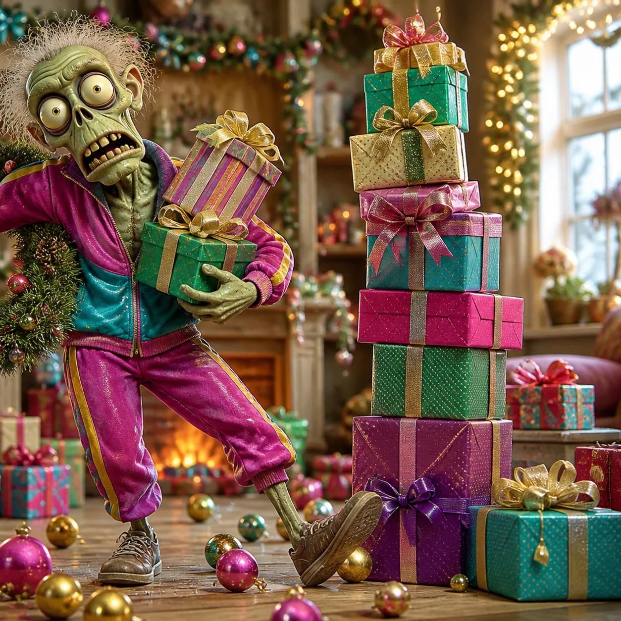 Illustration of a zombie mascot happily juggling a wreath and a stack of gift boxes amid scattered garland and ornaments in a festive holiday scene.