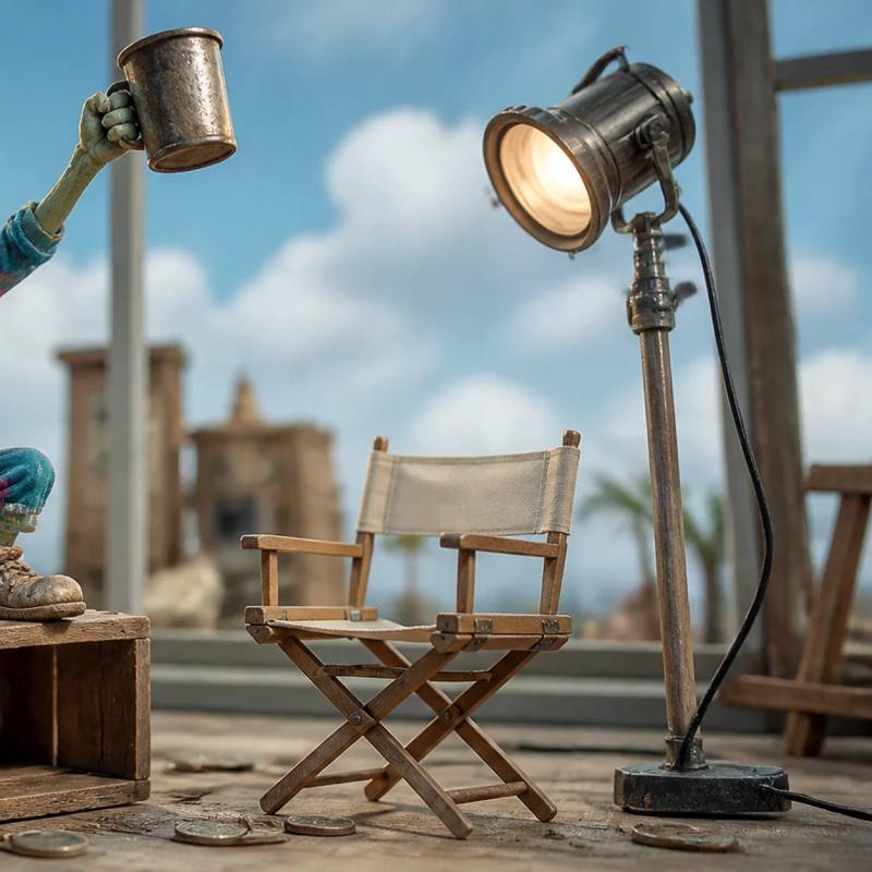 Illustration of a cartoon zombie mascot standing on a wooden crate, raising a tin mug in a toast beside a small clamp-light and a folding director's chair, evoking a low-budget movie set.