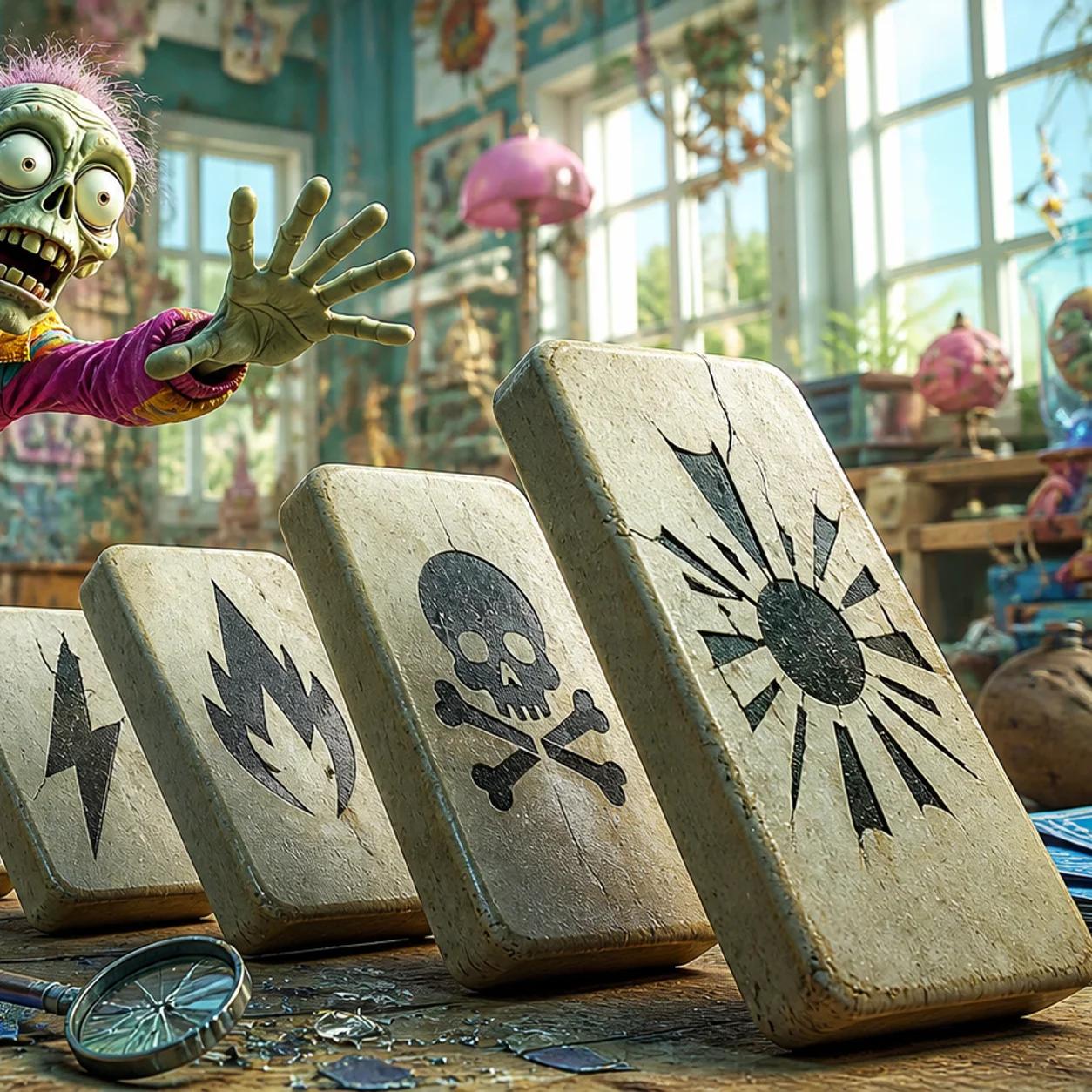 A cartoon zombie mascot reaches out in vain to stop a row of large dominoes marked with warning symbols from toppling over, surrounded by scattered blueprints and a broken magnifying glass in a cluttered workshop.