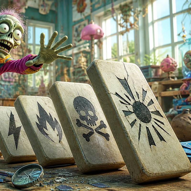 A cartoon zombie mascot reaches out in vain to stop a row of large dominoes marked with warning symbols from toppling over, surrounded by scattered blueprints and a broken magnifying glass in a cluttered workshop.