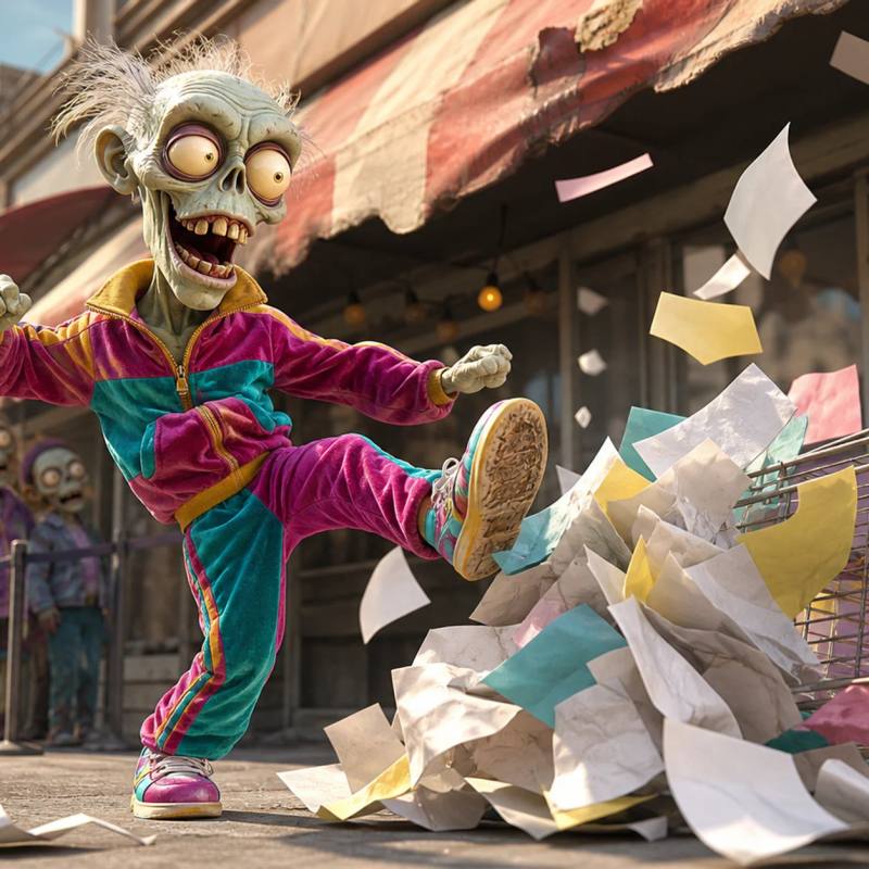 A cartoon zombie mascot kicks aside torn sale banners and a tipped-over shopping cart in front of a sagging storefront awning with flickering string lights, surrounded by scattered calendar pages.