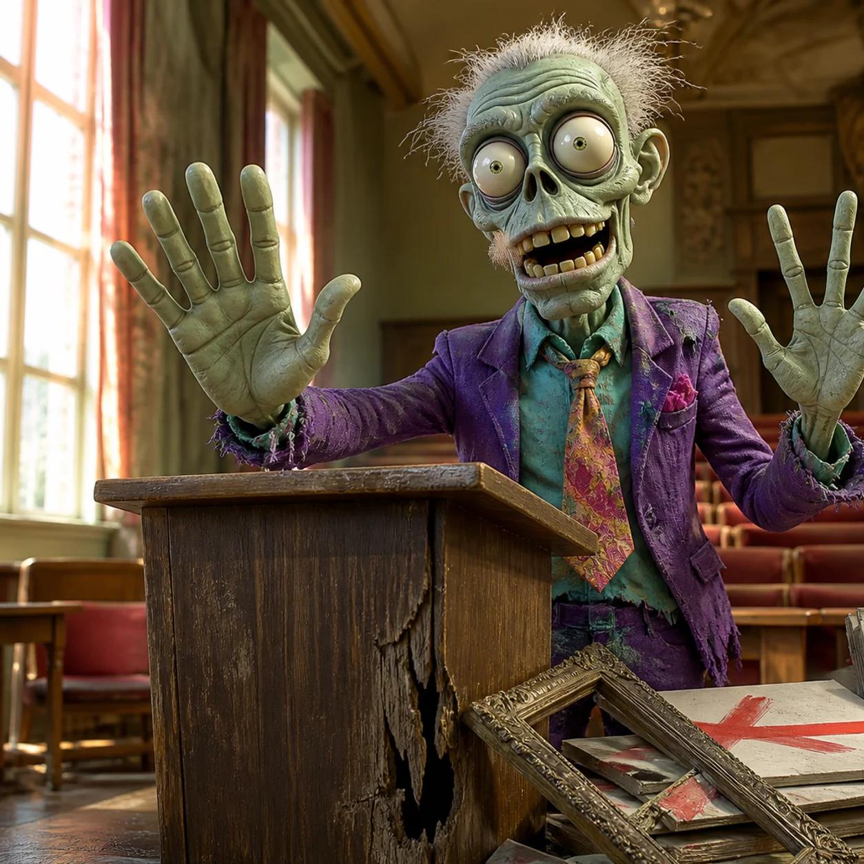 A cartoon zombie mascot stands at a podium holding up five fingers in warning, surrounded by broken picture frames and crossed-out poster boards symbolizing advertising mistakes to avoid.