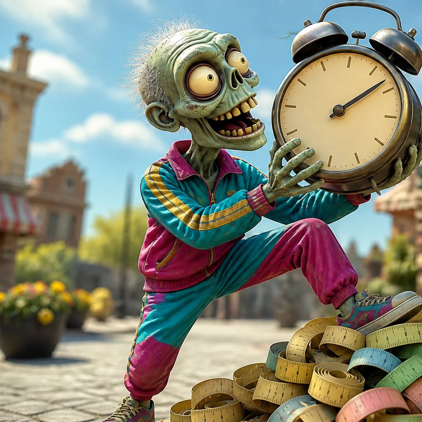 Illustration of a cartoon zombie mascot standing in a quiet town square, hoisting a giant alarm clock overhead and standing beside a pile of large rolled-up measuring tapes, with a dim, closed rival storefront visible across the street.