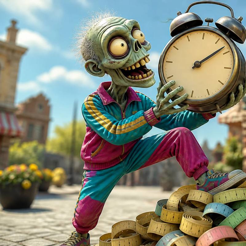 Illustration of a cartoon zombie mascot standing in a quiet town square, hoisting a giant alarm clock overhead and standing beside a pile of large rolled-up measuring tapes, with a dim, closed rival storefront visible across the street.