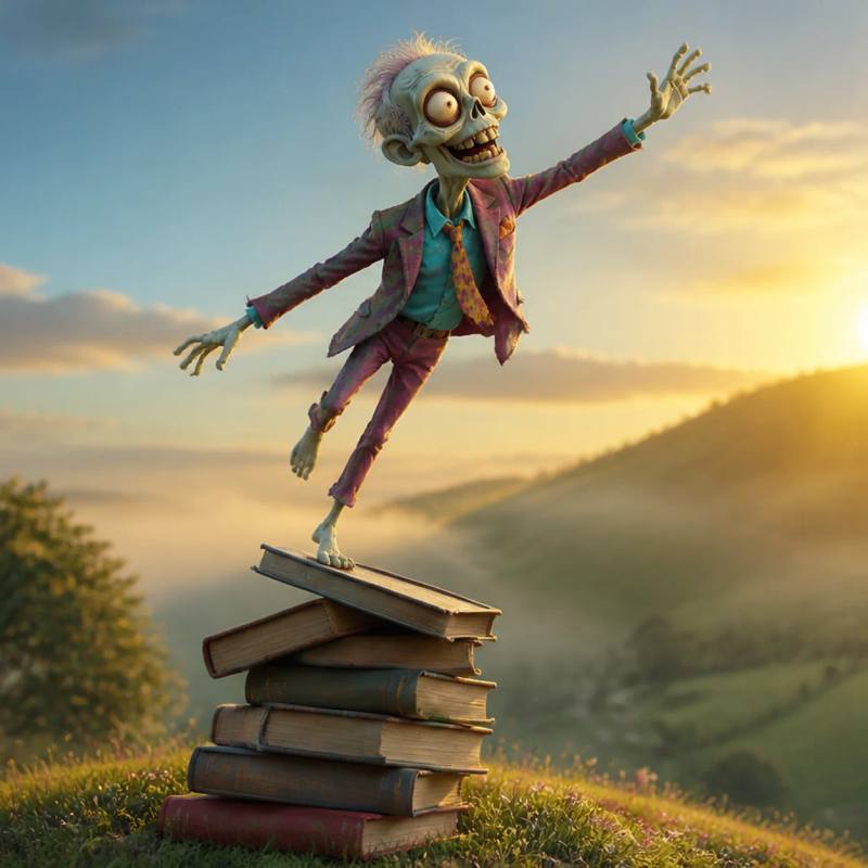Illustration of a cartoon zombie standing on tiptoes on a tall stack of books, reaching one arm up toward a sunrise on the horizon.