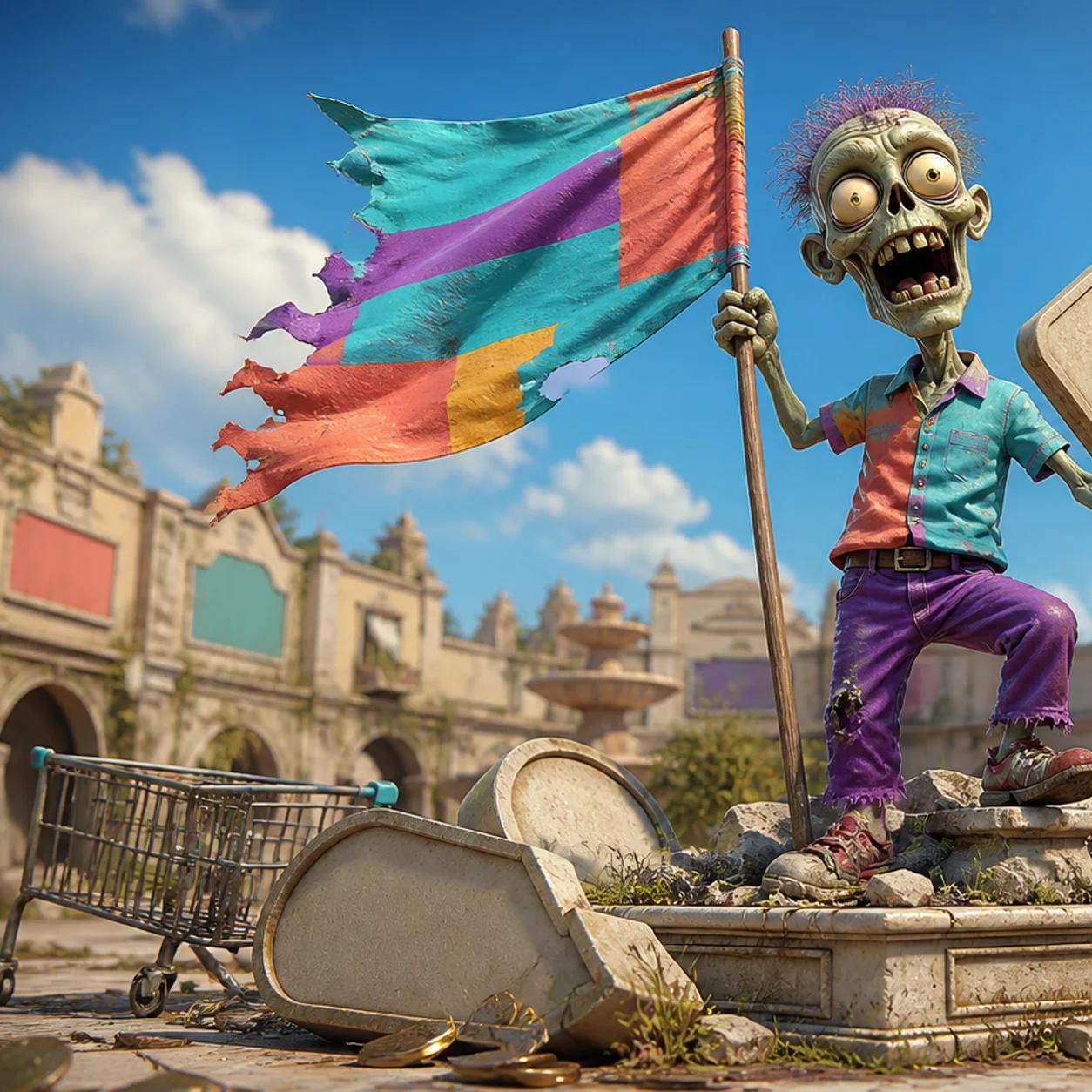A cartoon zombie mascot stands triumphantly on a cracked pedestal in a ruined plaza, holding up a bright new flag while toppled old storefront statues and scattered coins lie in the rubble around it.