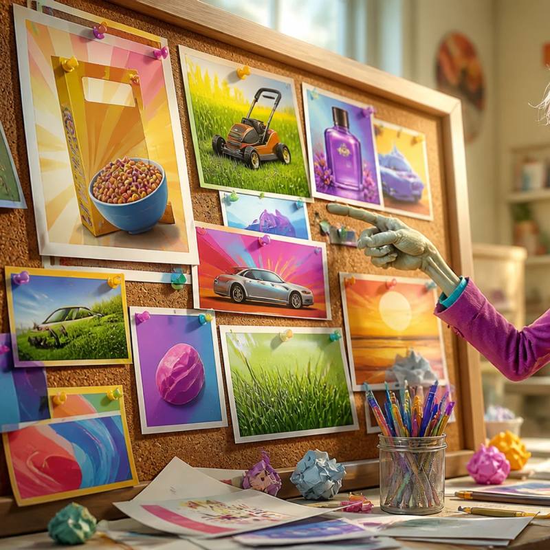An illustrated zombie mascot proudly gestures toward a corkboard covered in varied ad mockups—like a cereal box, flyer, perfume ad, and car banner—while holding a stack of papers, with crumpled drafts and a pen jar on the floor nearby.