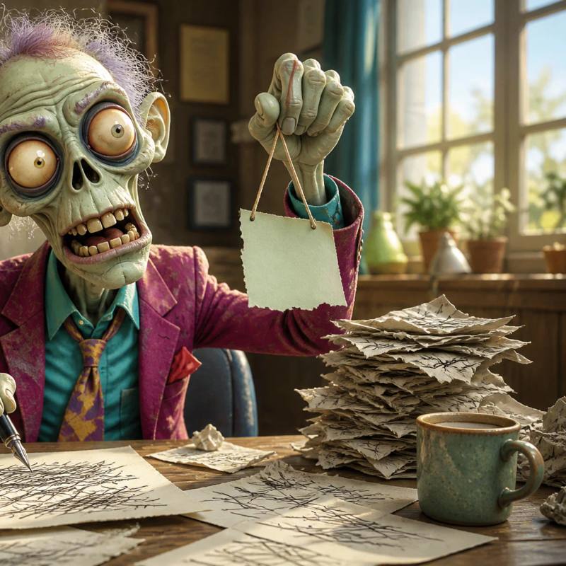 A cartoon zombie mascot sits at a messy desk, holding a pen above a partly written page while balancing a torn scrap of paper against a pile of crumpled drafts like a makeshift scale, surrounded by crossed-out pages, a cold coffee cup, and an overflowing wastebasket.