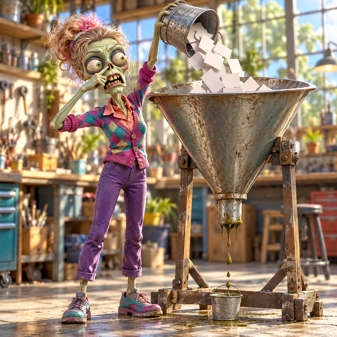 A cartoon zombie mascot stands at the edge of a large tunnel shaped like a sales funnel made of crates and rope, shrugging with conflicted body language while crumpled flowchart papers litter the ground and a crooked signpost with a glowing bulb stands beside the tunnel.