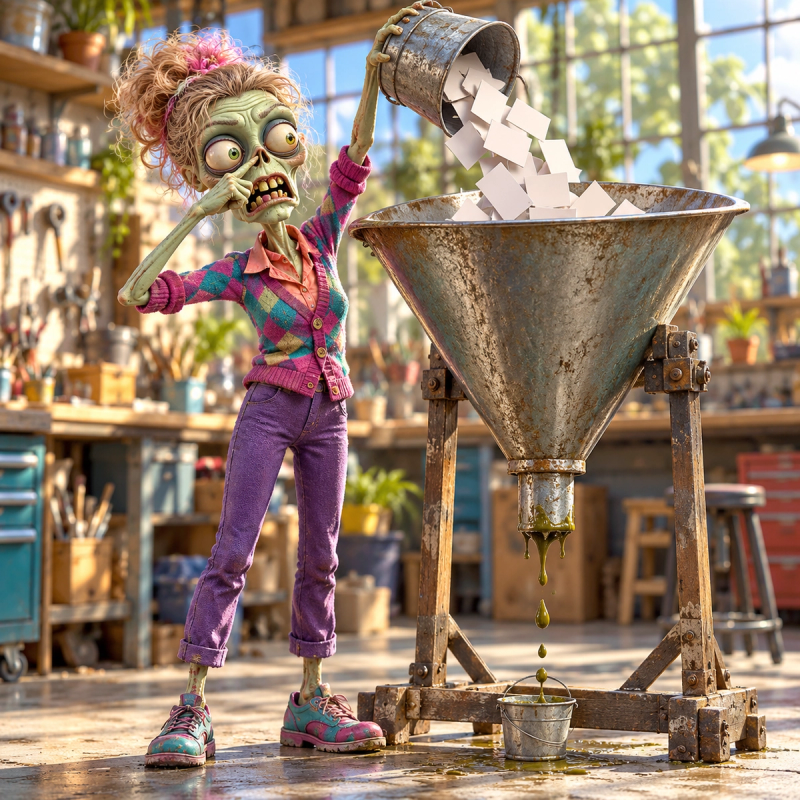 A cartoon zombie mascot stands at the edge of a large tunnel shaped like a sales funnel made of crates and rope, shrugging with conflicted body language while crumpled flowchart papers litter the ground and a crooked signpost with a glowing bulb stands beside the tunnel.