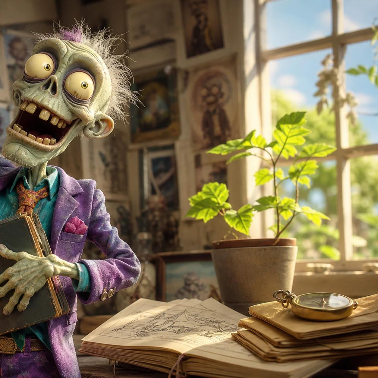 An illustrated zombie mascot stands in a sunlit workshop, arm raised toward a wall of pinned sketches and photos, holding a notebook to its chest beside a glowing lantern, open books, a compass on letters, and a plant reaching toward the window light.