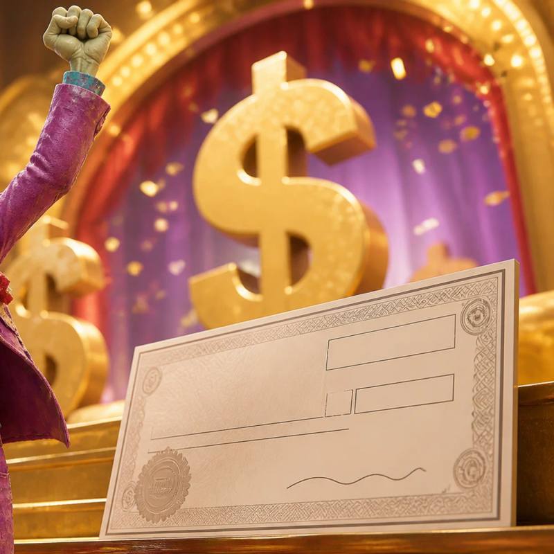 A zombie mascot strides confidently toward a stage decorated with giant dollar-sign props and confetti, raising one fist in triumph beside a large oversized novelty check.