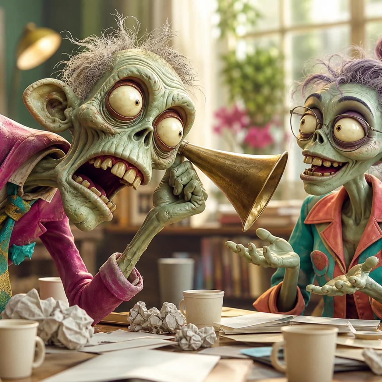 A cartoon zombie mascot holds a large old-fashioned ear trumpet toward a client across a messy desk, straining to listen amid scattered coffee cups and crumpled paper.