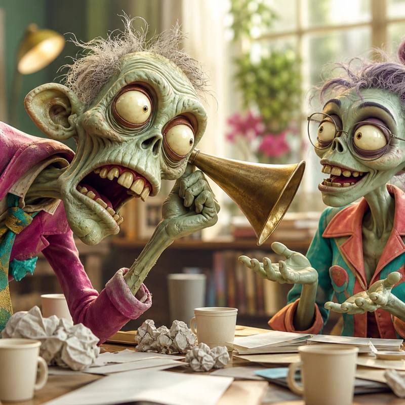 A cartoon zombie mascot holds a large old-fashioned ear trumpet toward a client across a messy desk, straining to listen amid scattered coffee cups and crumpled paper.