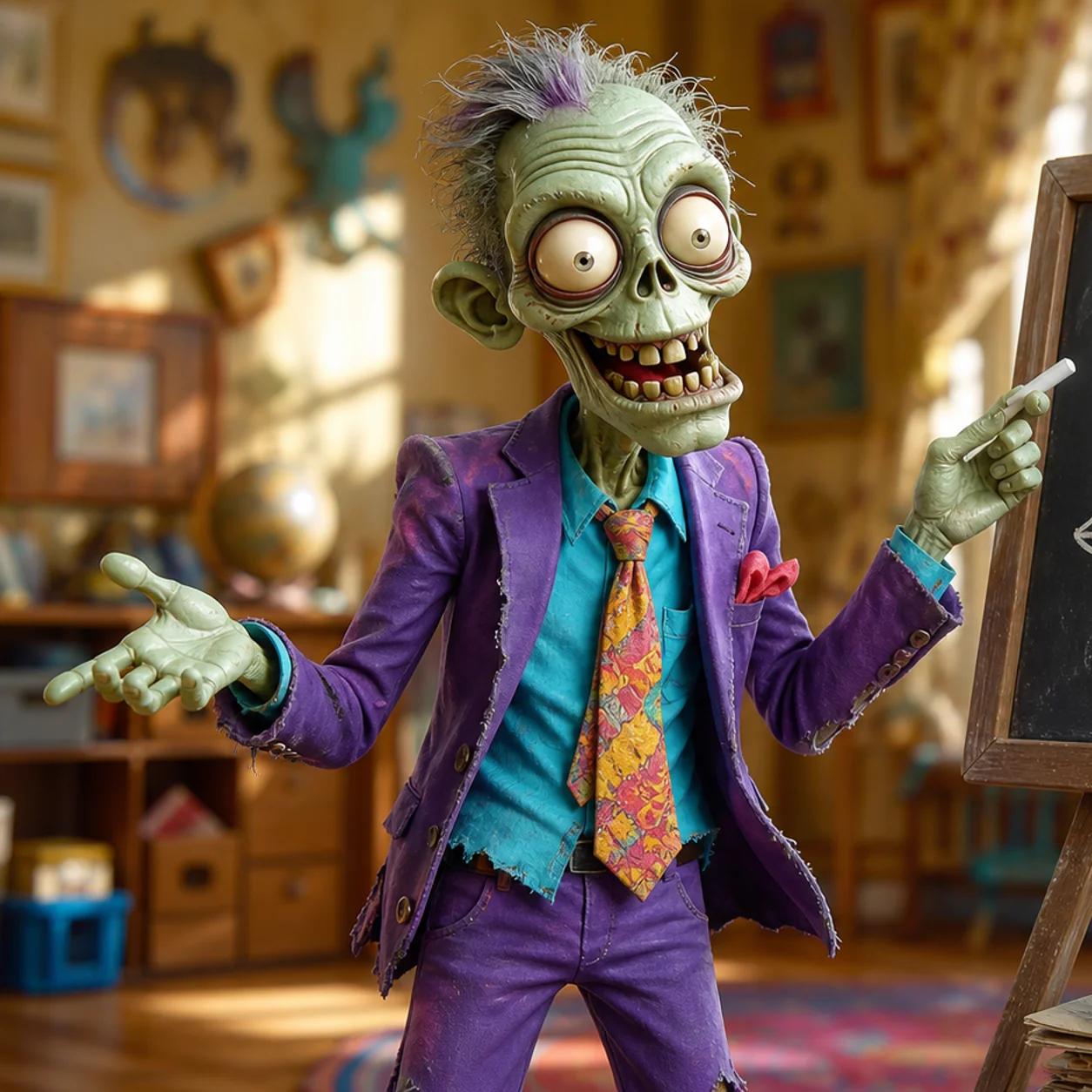 A cartoon zombie mascot plays teacher beside a chalkboard illustrating the evolution of shopping from a town crier's bell to a shopping cart and parcel, standing near a stack of old newspapers and a phone book.