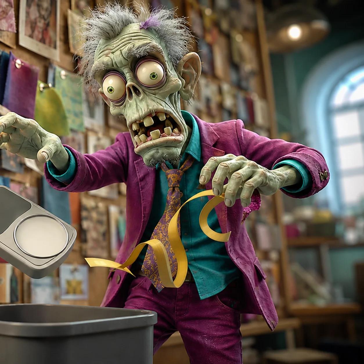 Illustration of a zombie removing a scale and measuring tape from a large pinboard filled with photos and fabric swatches, dropping them into a trash bin.