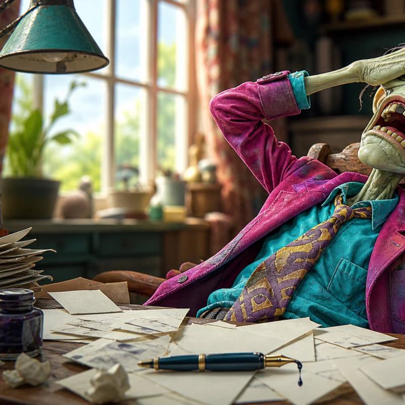 A cartoon zombie mascot leans back in a chair with one arm draped over its face in exasperation, surrounded by a desk piled with envelopes and a wastebasket overflowing with crumpled letters.