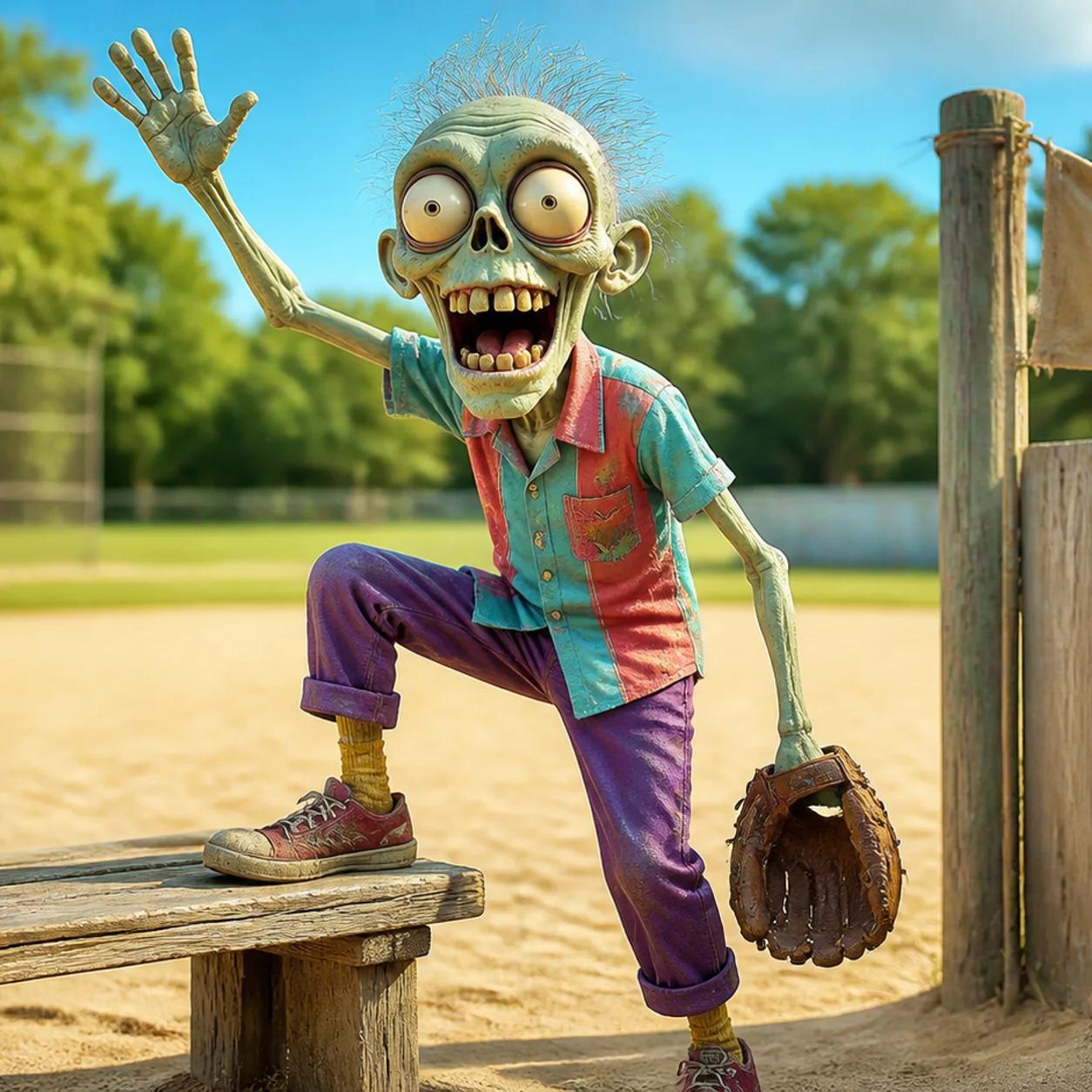 An illustrated zombie mascot eagerly raises one arm while stepping onto a sunlit baseball field, glove in hand, ready to be put into the game.