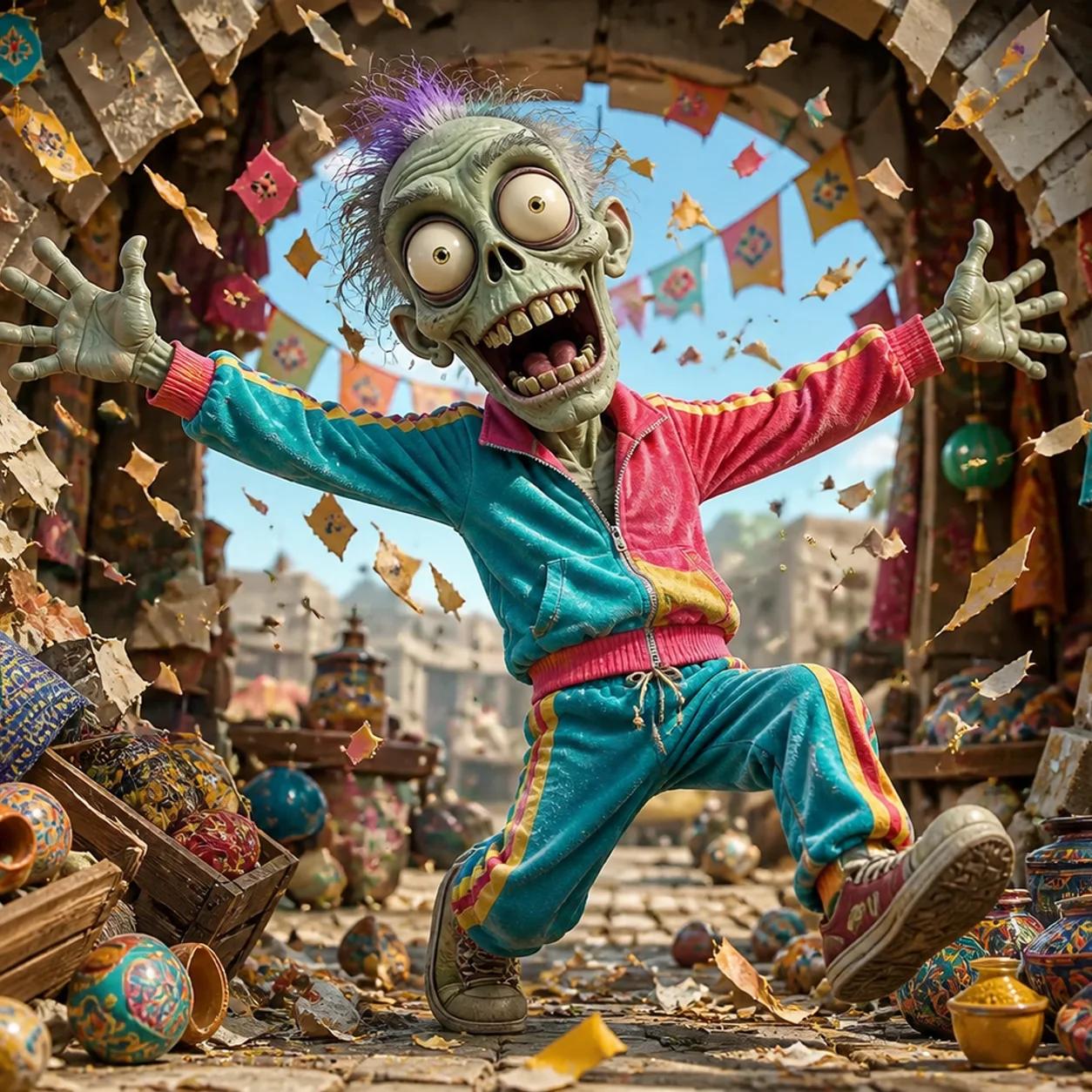 An illustrated zombie mascot bursts joyfully through a decorated market stall archway hung with lanterns and colorful textiles, surrounded by exploding confetti and toppled crates of pottery and spice jars on a cobblestone square.