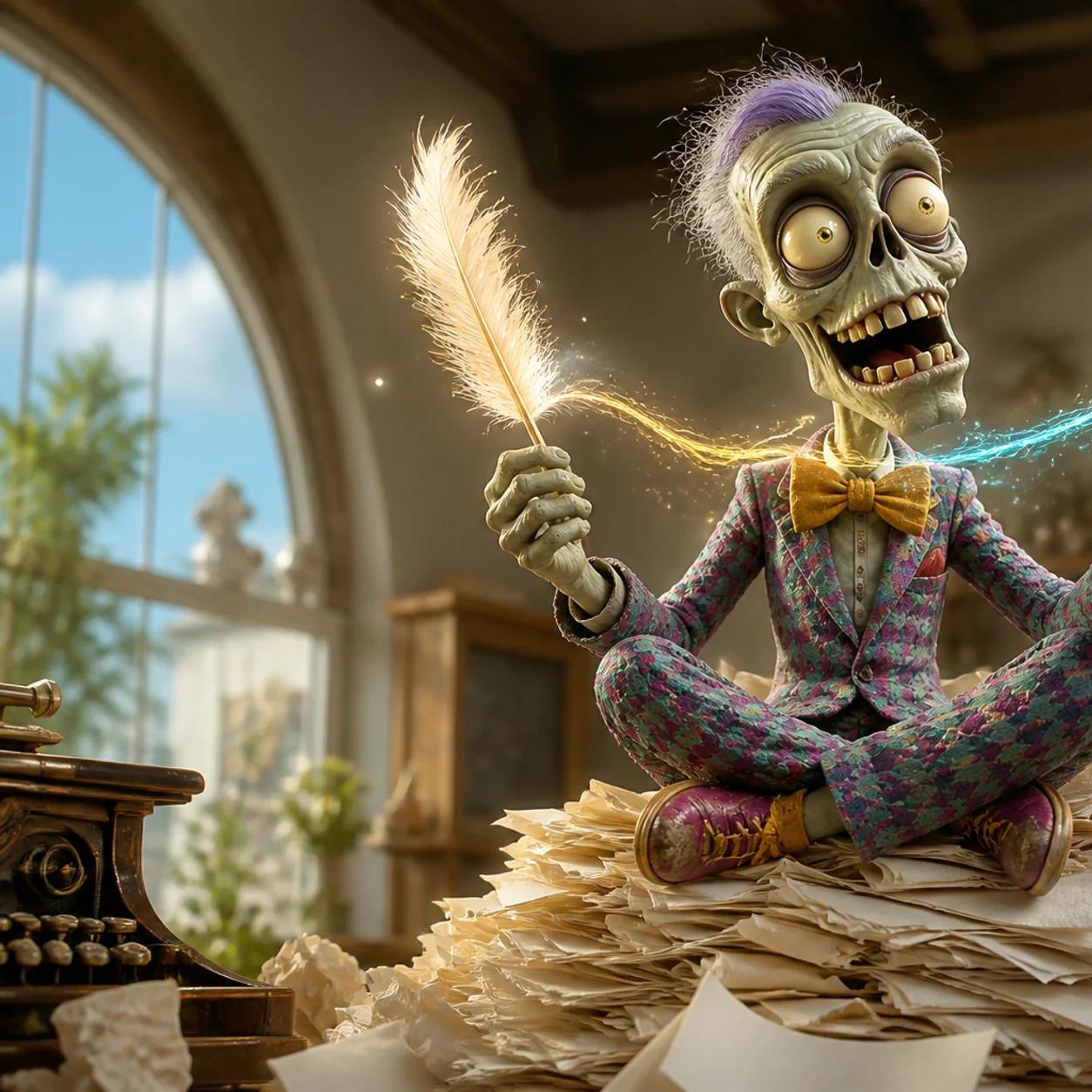 Illustration of a zombie mascot sitting on a large pile of crumpled paper, holding a glowing quill in one hand and a typewriter key in the other, with sparks of light connecting the two objects.