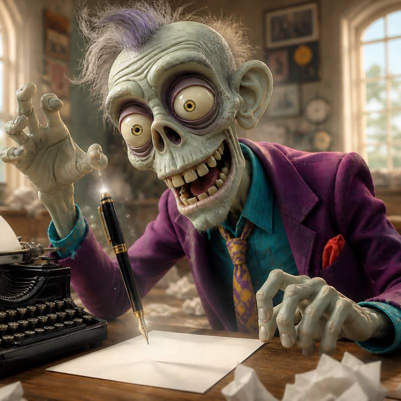 A zombie sits at a wooden desk surrounded by crumpled paper, hunched over an antique typewriter with one hand raised thoughtfully in the air as if searching for the right word.