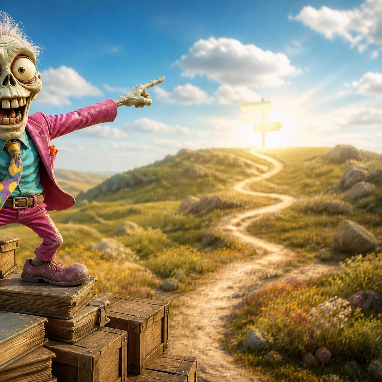 Illustration of a cartoon zombie mascot standing on a pile of books and crates, holding out a compass and pointing toward a winding path leading to a distant hill on the horizon.