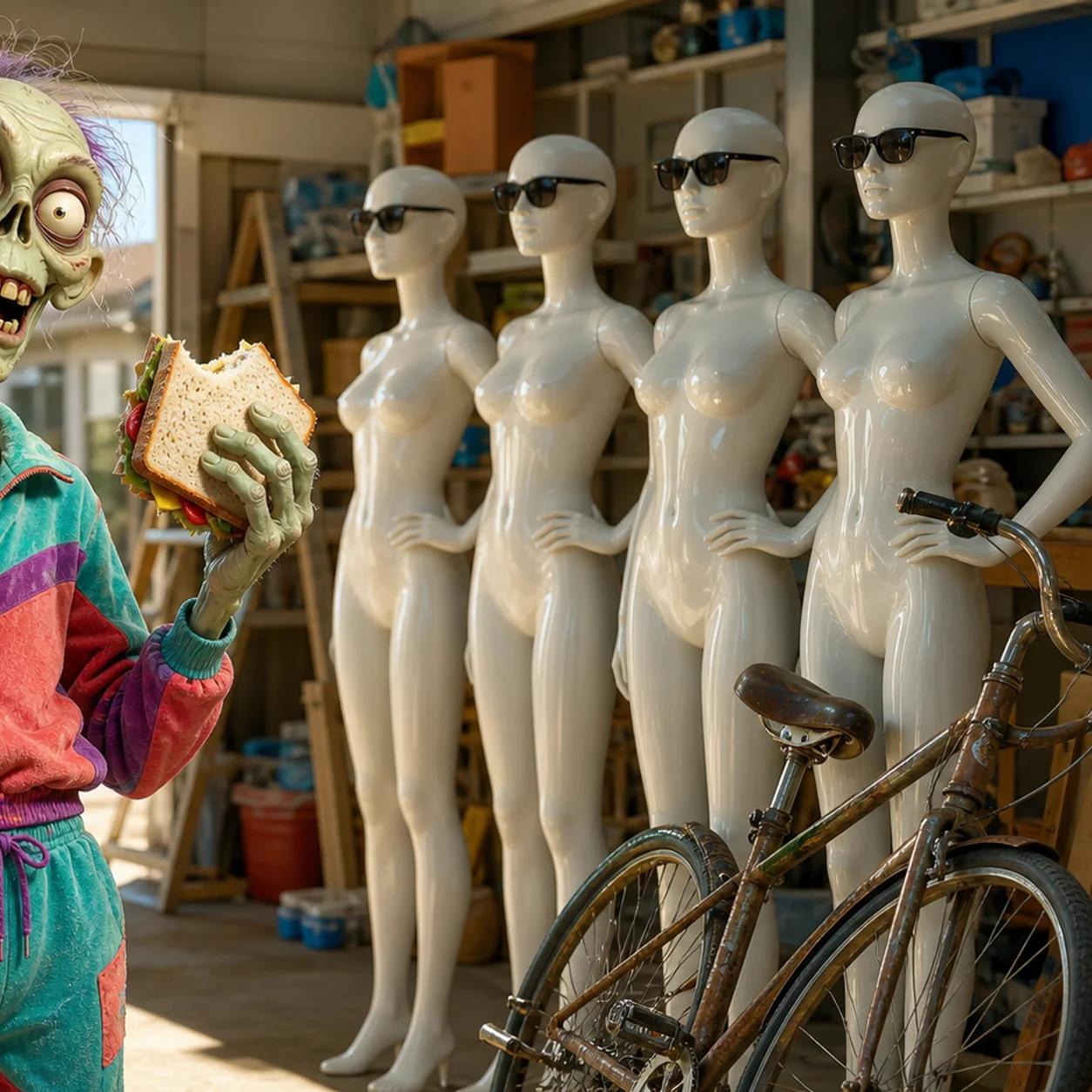 A cartoon zombie stands casually amid everyday clutter like laundry and a mop bucket, holding a sandwich and a plain cardboard sign, while a line of identical shiny mannequins in sunglasses poses stiffly nearby.