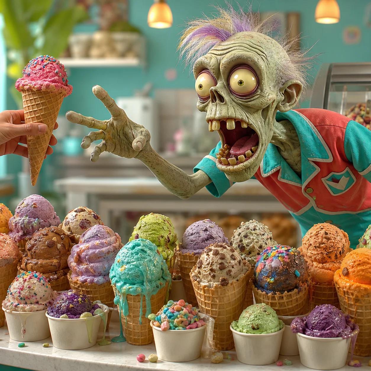 An illustrated zombie mascot stands at an ice cream counter lined with many different colorful ice cream cones and scoops, reaching eagerly for another flavor from a display case full of varied ice cream tubs.