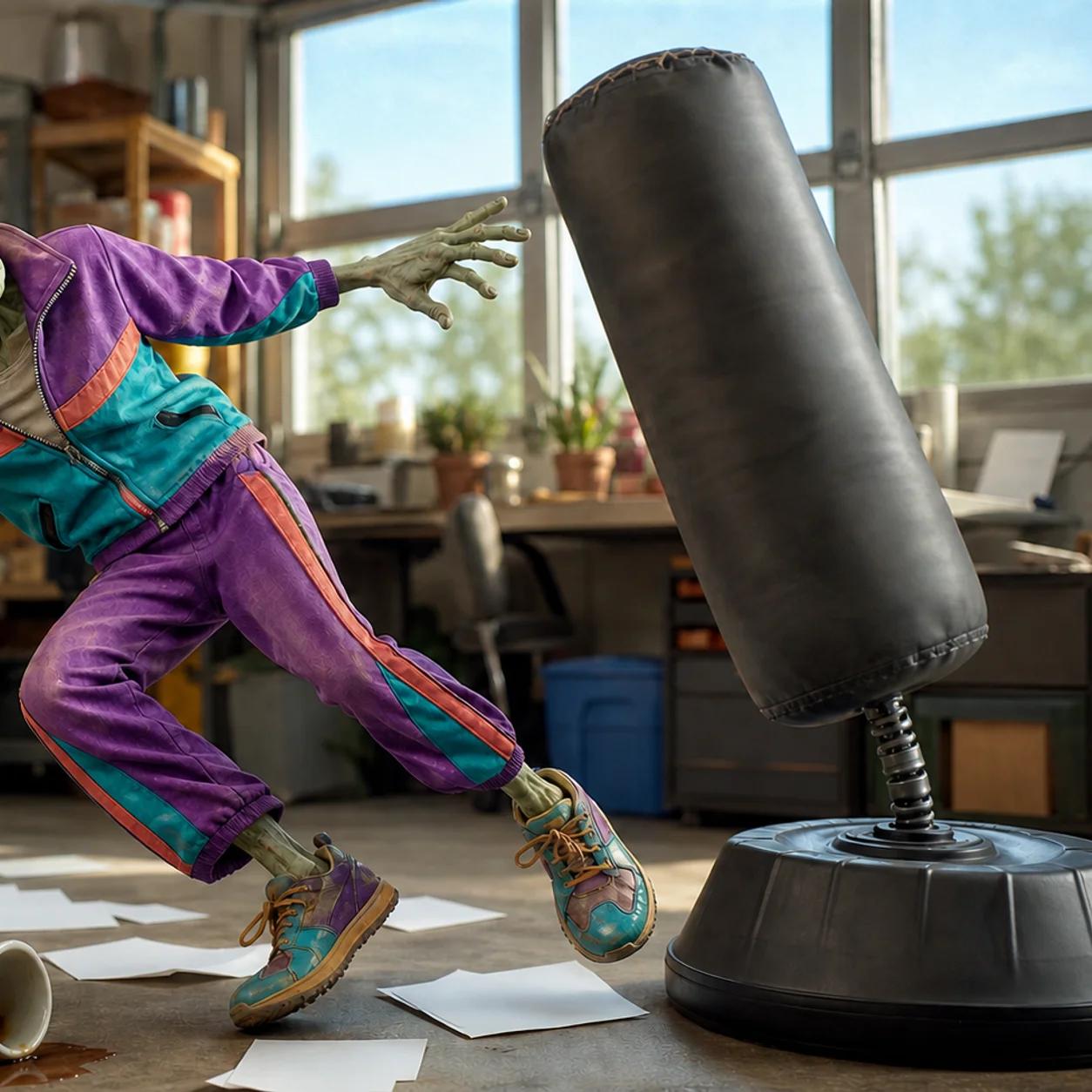 Illustration of a cartoon zombie stumbling backward amid scattered papers, a spilled mug, and toppled boxes in a cluttered office, with a punching bag swinging beside it.
