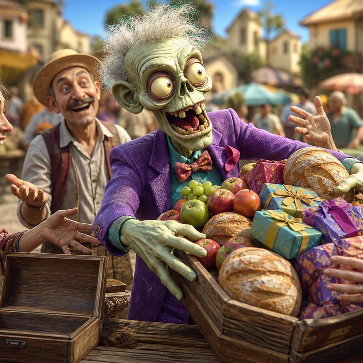 Illustration of a cartoon zombie happily giving away fruit, bread, and wrapped gifts from a market stall to a small crowd, with an empty cash box left untouched beside them.