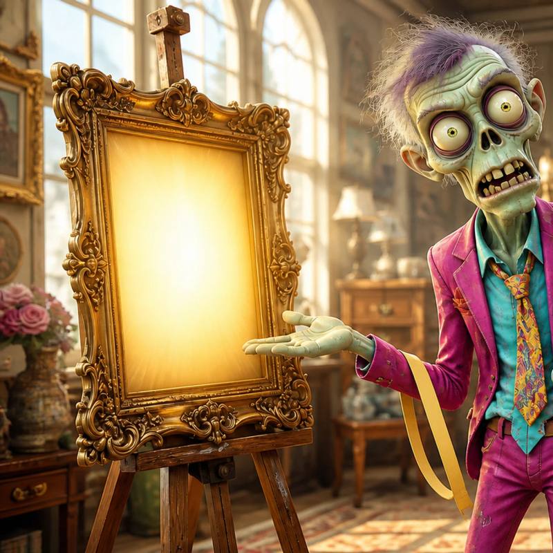 An illustrated zombie mascot gestures between two large framed pictures on easels—one bathed in warm light, the other wrapped in heavy chains and a padlock—while holding a measuring tape and a clipboard.
