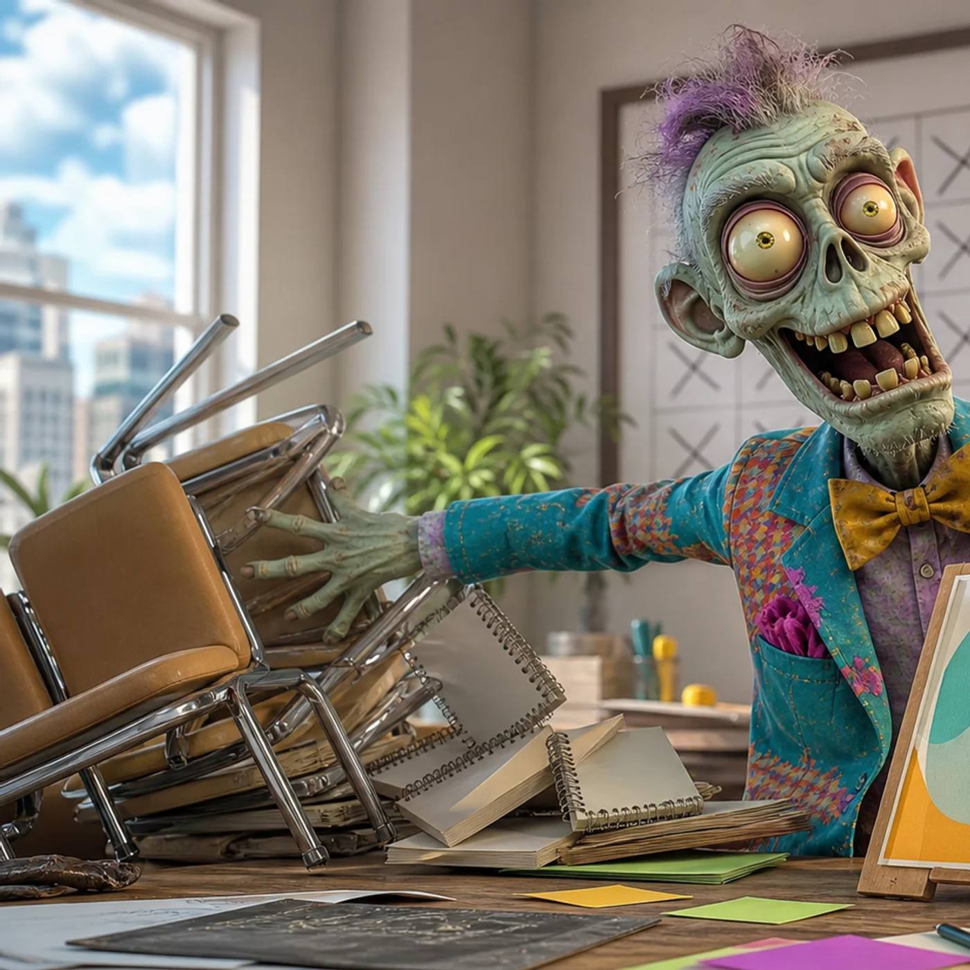 An illustrated zombie shoves aside empty chairs and scattered meeting notepads to focus on stamping approval on a finished ad displayed on an easel, with a calendar behind him showing many crossed-out meetings reduced to just one.