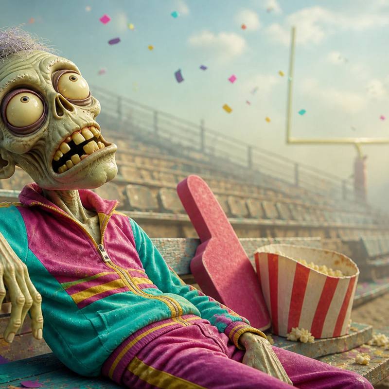 A zombie mascot sits wistfully on an empty stadium bench holding a foam finger, surrounded by drifting confetti and a foggy, dreamlike view of an old, crooked goalpost.