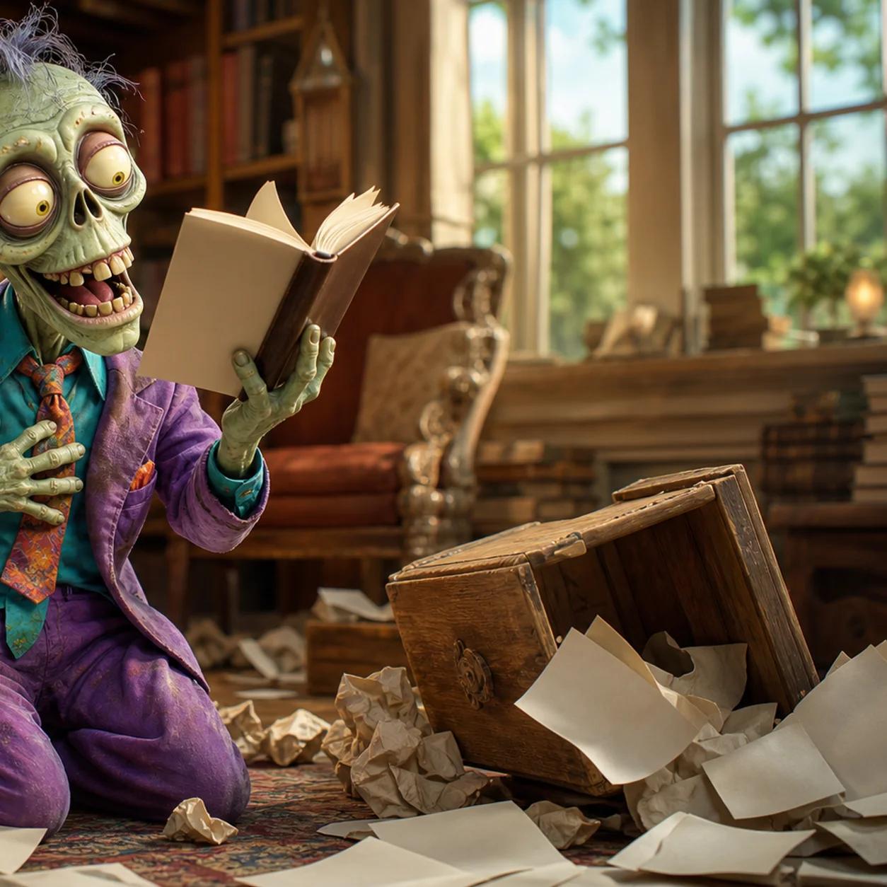 A cartoon zombie mascot kneels among crumpled papers and toppled crates in a lamp-lit study, holding a hand to its chest while reading an open hardcover book.