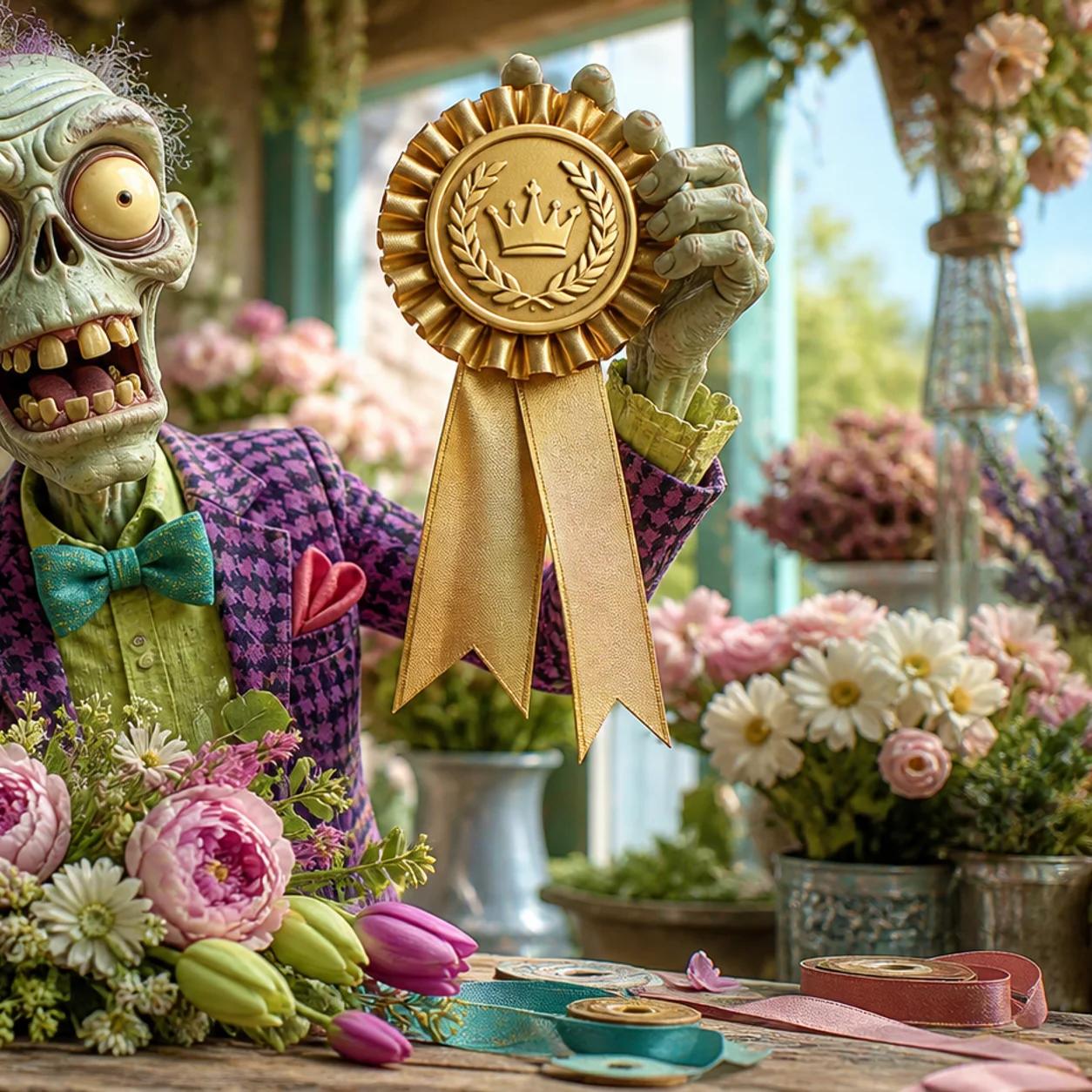 Illustration of a cartoon zombie arranging flowers and decorative ribbons on a table while proudly holding a large golden number-one trophy ribbon.