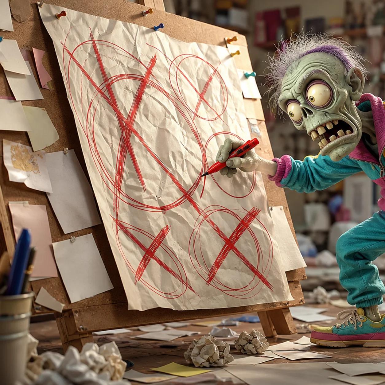 A cartoon zombie mascot stands at an easel in a cluttered workshop, aggressively marking up a large crumpled ad poster with a red pen while torn draft pages and crumpled paper balls litter the floor.
