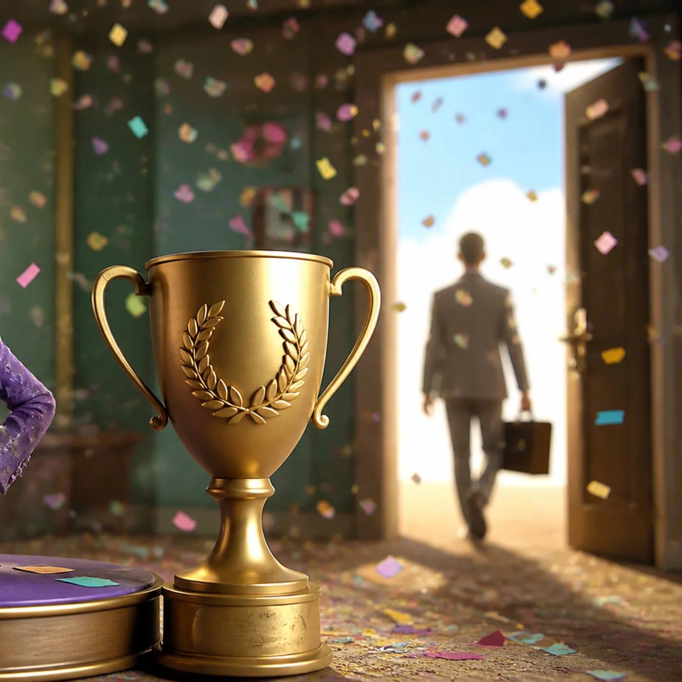 A zombie mascot celebrates victoriously on a small podium amid confetti and a trophy, unaware that a client figure is walking out the door behind them, suitcase in hand, as a handshake-shaped balloon slowly deflates nearby.