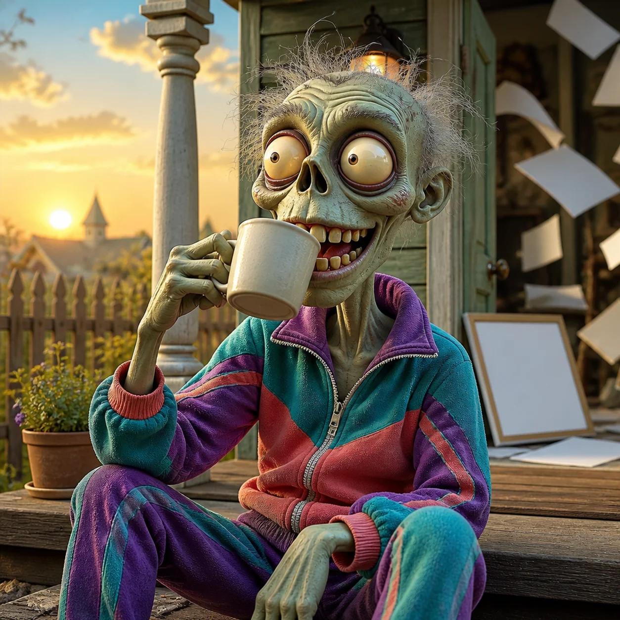 Illustration of a zombie calmly drinking coffee on a porch at dawn, unaware of a chaotic mess of scattered papers and toppled poster boards visible through the open door behind him.