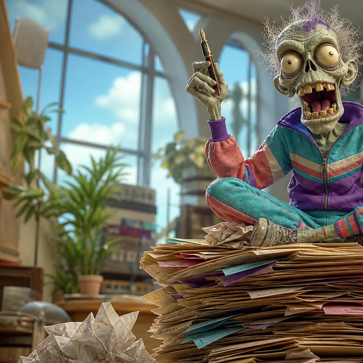 An illustrated zombie perches happily atop a huge leaning stack of paper folders and loose pages, brandishing a pen in each hand as crumpled drafts litter the floor below.