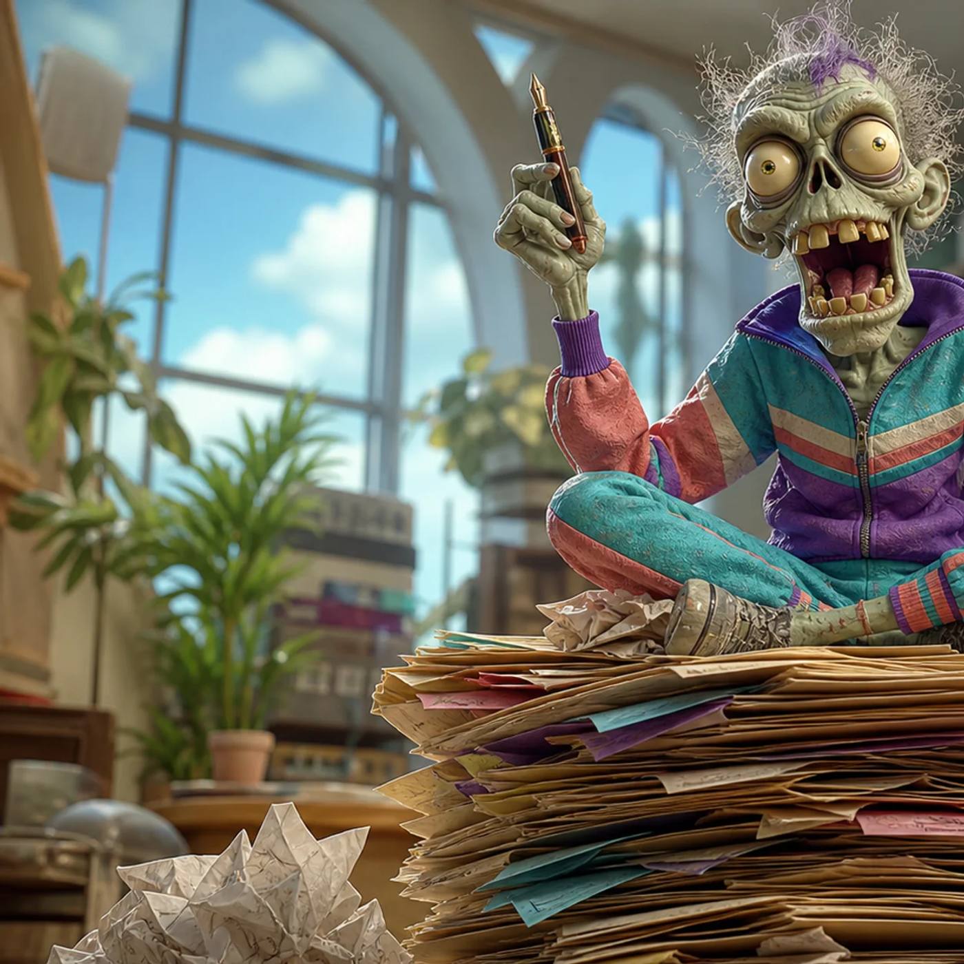 An illustrated zombie perches happily atop a huge leaning stack of paper folders and loose pages, brandishing a pen in each hand as crumpled drafts litter the floor below.