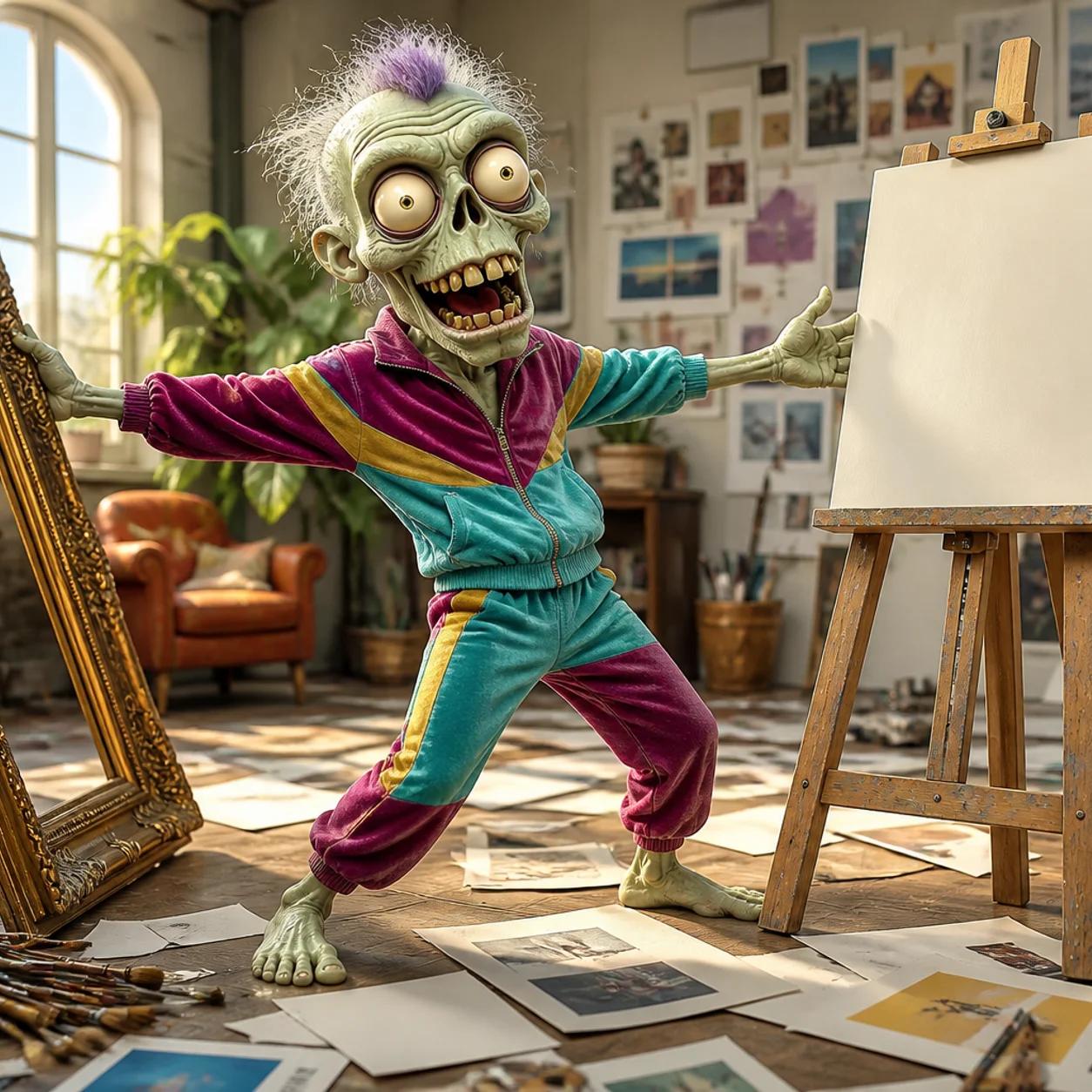 Illustration of a zombie mascot pushing an empty picture frame to the side while standing confidently among scattered storyboard sketches, torn mood-board clippings, and paintbrushes on the floor, gesturing toward a blank easel.