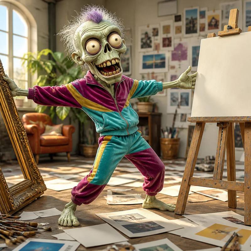 Illustration of a zombie mascot pushing an empty picture frame to the side while standing confidently among scattered storyboard sketches, torn mood-board clippings, and paintbrushes on the floor, gesturing toward a blank easel.