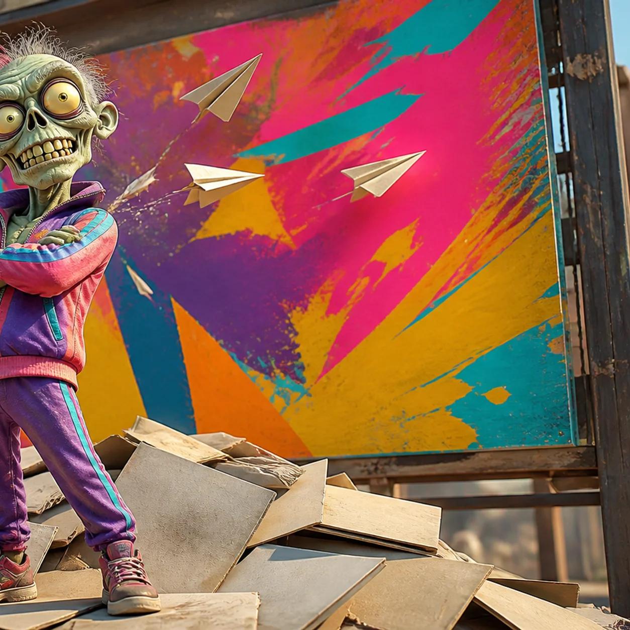 A cartoon zombie mascot stands confidently on a heap of discarded posters, proudly hanging up a wildly colorful, splashy advertisement while ignoring crumpled complaint notes bouncing off it.