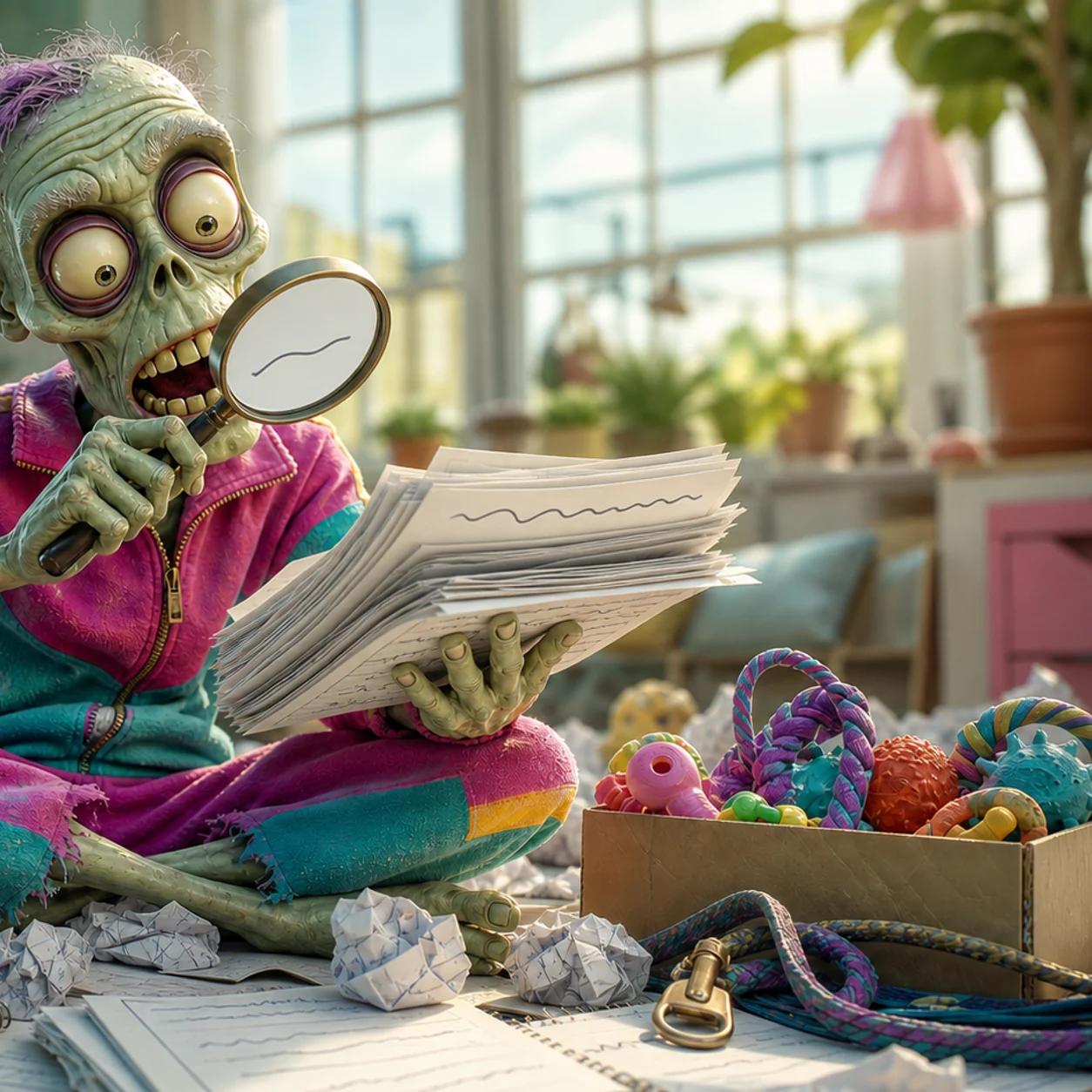 A zombie mascot sits surrounded by crumpled paper and notepads, examining a stack of handwritten ad copy with a magnifying glass, next to a small pet bed filled with toys and a leash.