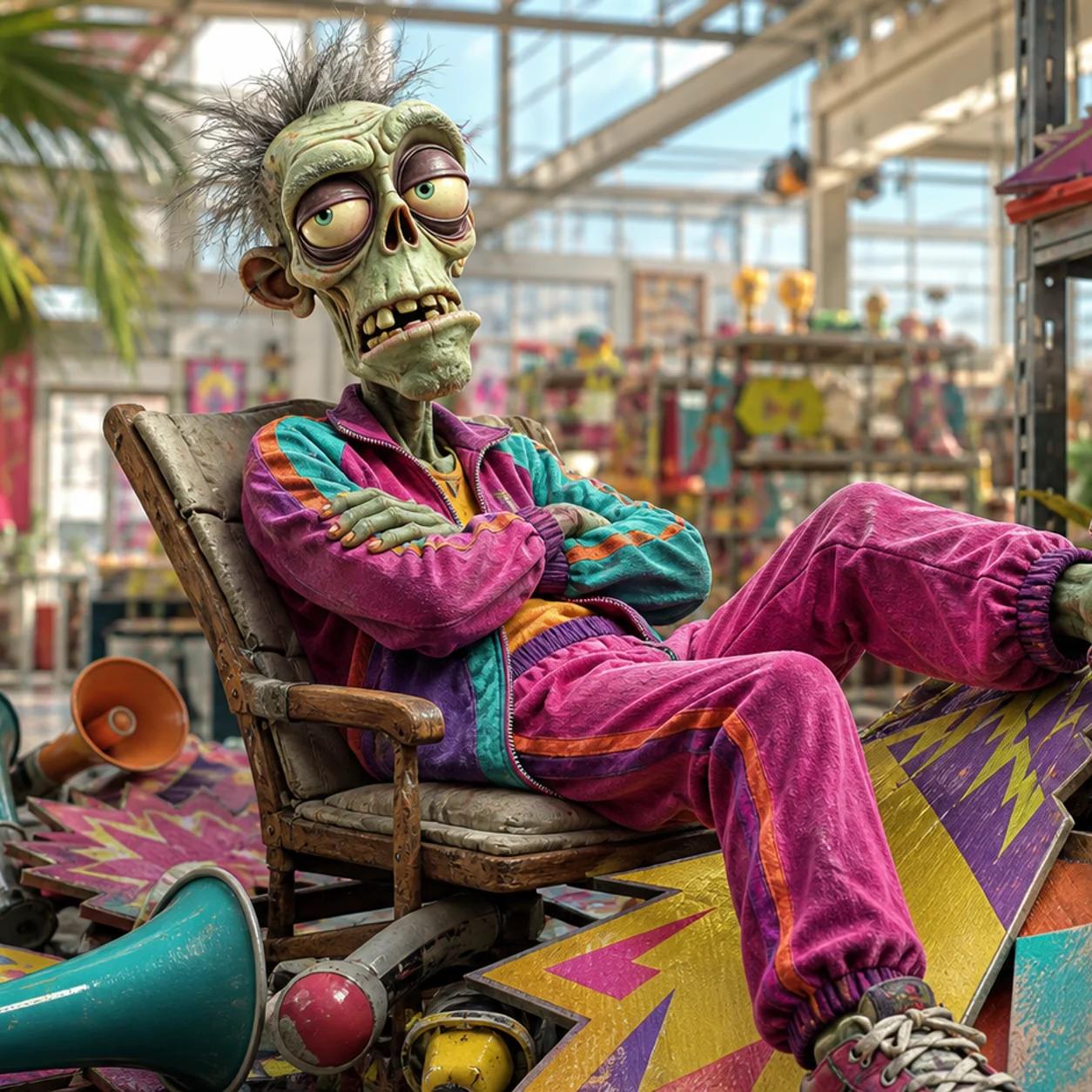 A bored-looking zombie mascot leans back with arms crossed, surrounded by a pile of discarded megaphones and oversized blank sale banners it is pointedly ignoring.